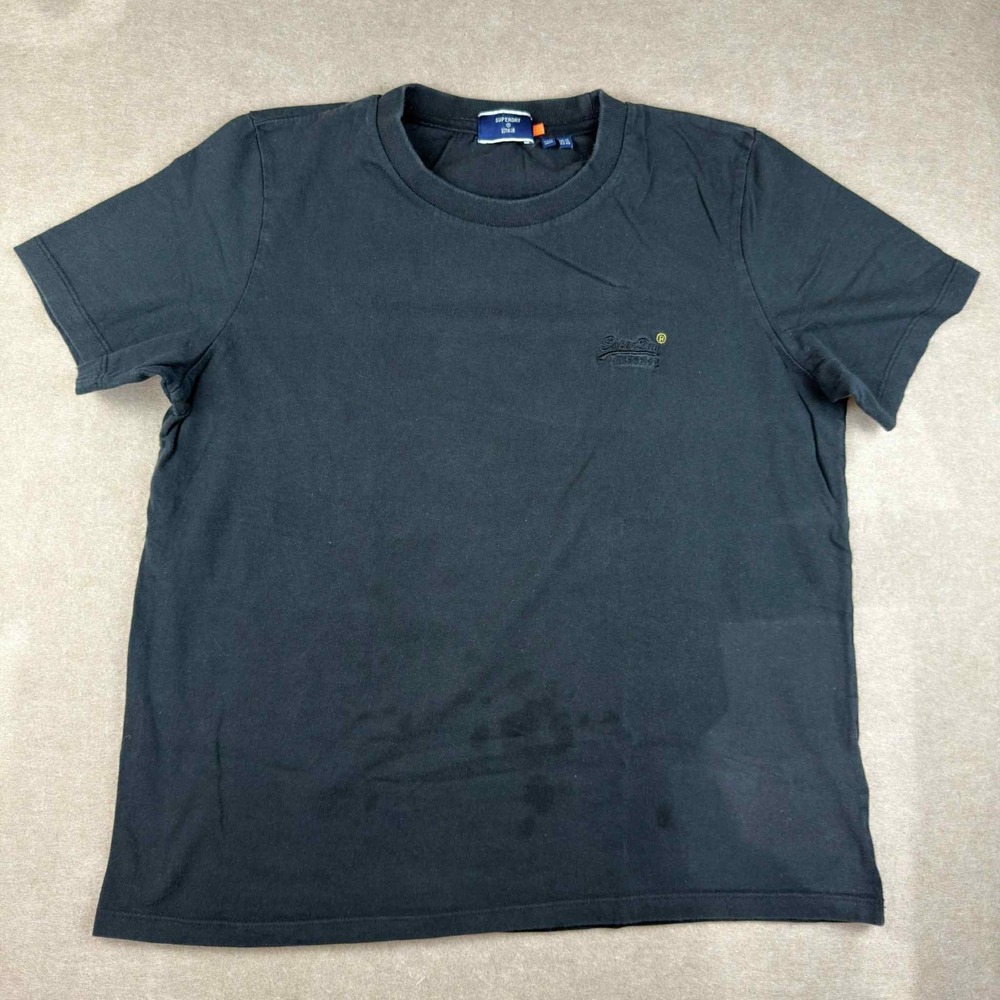 Superdry T-Shirt Women Size US 10 Black Cotton Small Logo Embroidered Tee Casual